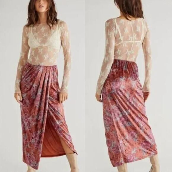 New! Free People Poets Velvet Sarong Skirt in Rust Combo, XS - Picture 4 of 15
